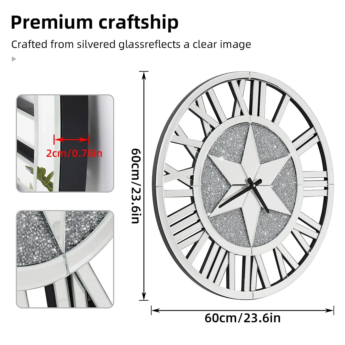 Artloge Crystal Mirror Wall Clock Silver RomanNumerals Home-Furniture Kingdom